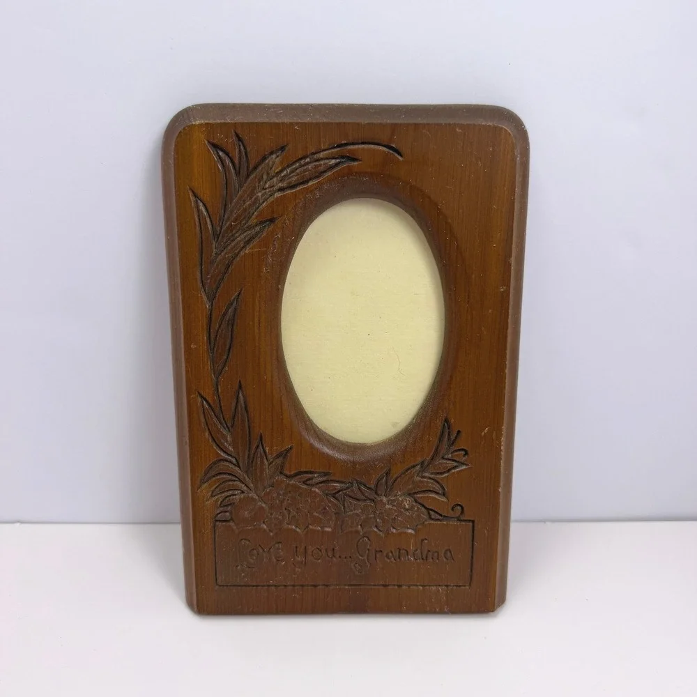 Vintage Cottagecore Home Decor Carved Love you Grandma Picture Frame Brown Wood